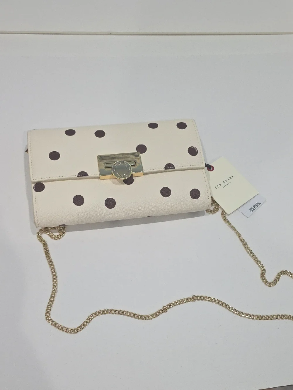 NWT ⭐ Ted Baker PARISA Crossbody Wallet on a Chain Bag Ivory / Brown Polka Dots